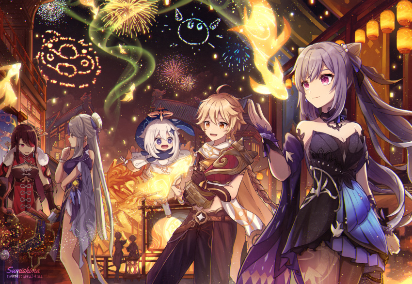3boys 4girls :d aerial_fireworks aether_(genshin_impact) ahoge architecture artist_name bangs bare_shoulders beidou_(genshin_impact) belt black_cape black_dress black_gloves blonde_hair blue_dress book braid braided_ponytail bright_pupils brown_gloves brown_hair brown_pants brown_pantyhose brown_shirt building cape chongyun_(genshin_impact) cleavage_cutout closed_mouth clothing_cutout collarbone colored_eyepatch commentary_request cone_hair_bun cowboy_shot cropped_shirt detached_collar diamond-shaped_pupils diamond_(shape) double_bun dress earrings east_asian_architecture eyepatch festival fingerless_gloves fireworks fish floating fur-trimmed_cape fur_trim genshin_impact gloves gold_trim goldfish grey_hair hair_between_eyes hair_bun hair_ornament hair_ribbon hairpin halo hand_up holding holding_book house jewelry keqing_(genshin_impact) keqing_(opulent_splendor)_(genshin_impact) lantern long_hair long_sleeves looking_at_another medium_hair multiple_boys multiple_girls night night_sky ningguang_(genshin_impact) ningguang_(orchid's_evening_gown)_(genshin_impact) official_alternate_costume one_eye_covered open_book open_mouth outdoors paimon_(genshin_impact) pants pantyhose paper_lantern pearl_hair_ornament pelvic_curtain profile purple_hair reading red_cape red_dress red_eyes ribbon scarf shirt sidelocks signature single_braid single_earring sky sleeveless sleeveless_dress smile standing star_(symbol) strapless strapless_dress su34ma swept_bangs symbol-shaped_pupils tassel twintails twitter_username very_long_hair violet_eyes vision_(genshin_impact) white_hair white_pupils white_scarf wide_sleeves xingqiu_(genshin_impact) yellow_eyes