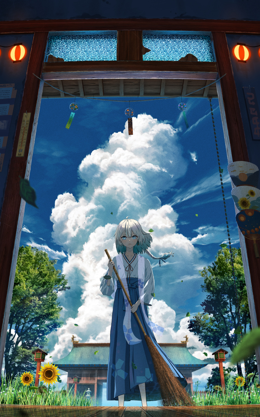 1girl absurdres architecture bangs blue_eyes blue_sky broom clouds commentary_request cumulonimbus_cloud day east_asian_architecture flower grass highres holding holding_broom looking_at_viewer original scenery short_hair shuu_illust sky solo summer sunflower white_hair