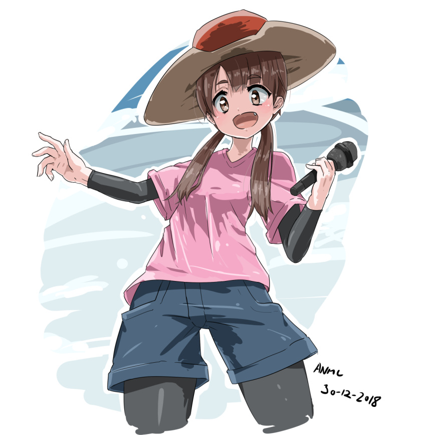 1girl 2018 :d anmc artist_name black_pantyhose black_undershirt blue_shorts breasts brown_eyes brown_hair commentary cowboy_hat dated denim denim_shorts fang gatalympics_oneesan_(zombie_land_saga) hat highres holding holding_microphone long_sleeves looking_at_viewer looking_down microphone open_mouth outstretched_arms pantyhose pink_shirt shirt short_hair_with_long_locks short_sleeves shorts simple_background small_breasts smile solo zombie_land_saga