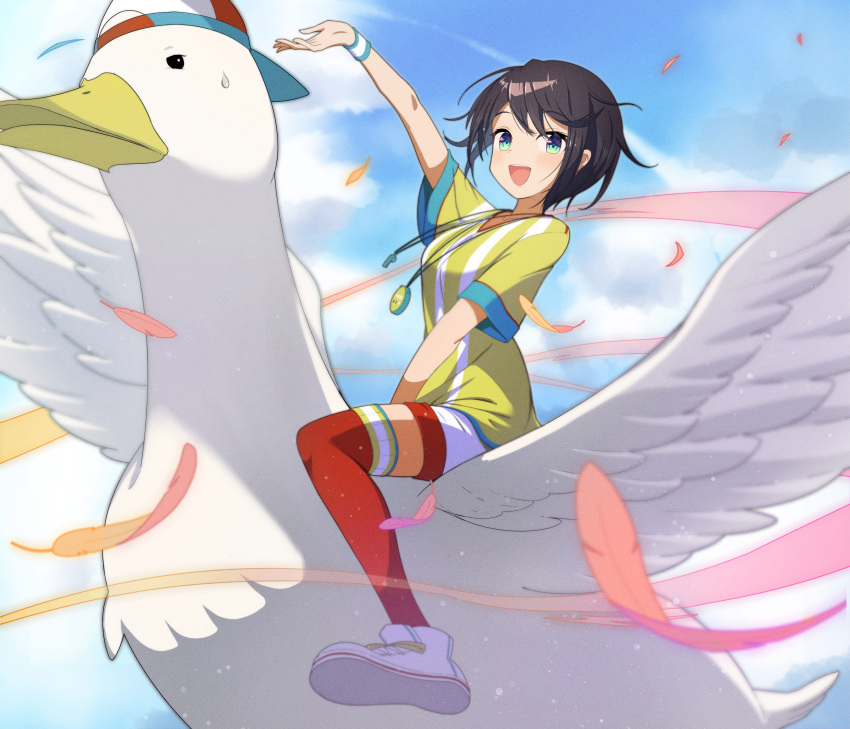 1girl absurdres aqua_eyes arm_up backwards_hat bangs baseball_cap bird breasts brown_hair duck flying from_side hat highres hololive looking_at_viewer loose_clothes loose_shirt medium_breasts oozora_subaru oversized_clothes oversized_shirt shirt shoes short_hair short_sleeves shorts sky sneakers stopwatch striped striped_shirt subaru_duck sweatband swept_bangs t-shirt thigh-highs tokisaka_makoto two-tone_headwear v-neck vertical-striped_shirt vertical_stripes virtual_youtuber whistle whistle_around_neck white_footwear white_shorts wide_sleeves wristband