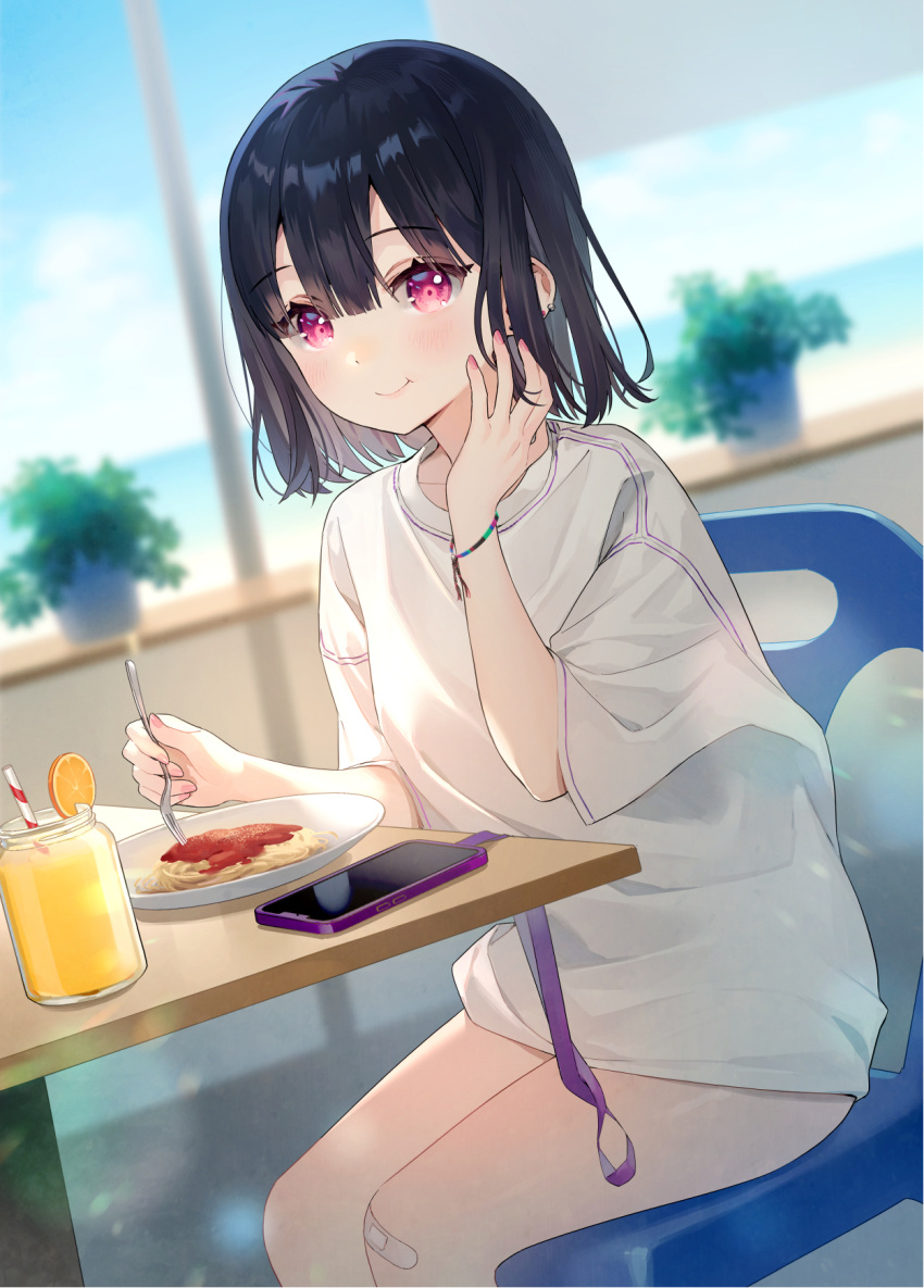 1girl :t ancotaku bandaid bandaid_on_knee bandaid_on_leg bangs black_hair blue_sky blurry blurry_background cellphone chair closed_mouth clouds collarbone commentary_request day depth_of_field drinking_straw eating food fruit hair_between_eyes hand_up highres holding holding_spoon horizon indoors lemon lemon_slice nail_polish ocean on_chair original pasta phone pink_nails plant potted_plant shirt short_sleeves sitting sky solo spaghetti spoon table violet_eyes water white_shirt wide_sleeves