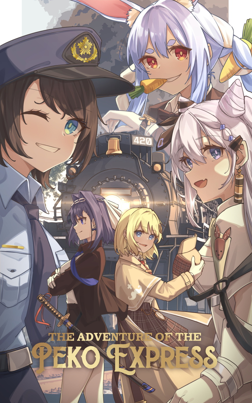 5girls :d ;) absurdres animal_ear_fluff animal_ears bangs blonde_hair blue_eyes blue_hair blue_necktie blue_shirt blush braid brown_capelet brown_coat brown_hair brown_jacket brown_skirt capelet carrot carrot_hair_ornament coat collared_shirt cone_hair_bun double_bun earrings english_text fang food-themed_hair_ornament grey_hair grin hair_bun hair_intakes hair_ornament hat head_chain highres hololive hololive_english hololive_indonesia jacket jewelry jl_tan long_hair long_sleeves mouth_hold multiple_girls necktie one_eye_closed oozora_subaru ouro_kronii plaid plaid_skirt police_hat rabbit_ears red_eyes shirt short_eyebrows short_hair skin_fang skirt smile thick_eyebrows twin_braids twintails usada_pekora vestia_zeta virtual_youtuber watson_amelia white_hair