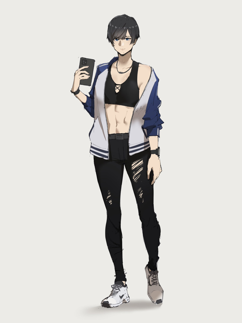 1girl abs bangs black_hair black_leggings blue_eyes cellphone collarbone highres jacket jewelry leggings mole necklace original pen_guin15 phone short_hair smartphone smile solo sports_bra sportswear tomboy toned torn_clothes watch watch