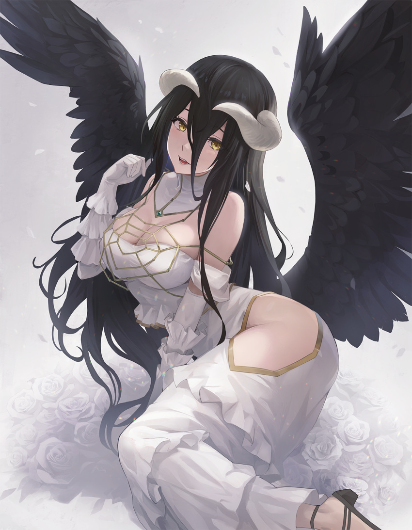 1girl albedo_(overlord) black_hair black_wings breasts demon_girl demon_horns feathered_wings flower highres horns long_hair looking_at_viewer natsume_yochiki no_bra no_panties open_mouth overlord_(maruyama) playing_with_own_hair rose smile solo wings yellow_eyes