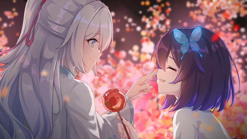 2girls ^_^ absurdres bangs black_hair blue_kimono blue_sky blurry blurry_background blush bronya_zaychik butterfly_hair_ornament caisena candy_apple closed_eyes closed_mouth commentary_request food gradient_hair grey_eyes grey_hair hair_between_eyes hair_ornament hair_ribbon hand_up highres holding holding_food honkai_(series) honkai_impact_3rd japanese_clothes kimono long_hair long_sleeves looking_at_another multicolored_hair multiple_girls night open_mouth outdoors pink_ribbon poking poking_nose profile ribbon seele_vollerei short_hair sidelocks sky smile two-tone_hair upper_body wide_sleeves