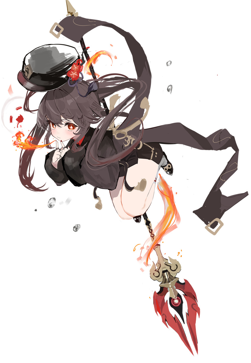1girl bangs black_footwear blush brown_hair brown_headwear brown_shorts closed_mouth coattails fingers_to_mouth fire flower flower-shaped_pupils full_body genshin_impact ghost hat highres hu_tao_(genshin_impact) jewelry long_hair long_sleeves looking_at_viewer multiple_rings plum_blossoms polearm red_eyes red_nails ring shorts simple_background socks solo spear symbol-shaped_pupils tailcoat weapon white_background white_socks yoncha