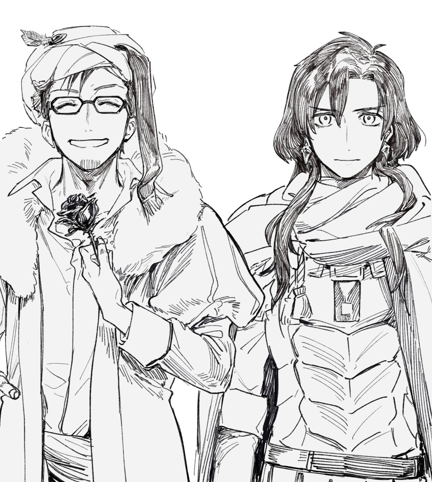2boys ^_^ armor cloak closed_eyes closed_mouth collared_shirt constantine_xi_(fate) curtained_hair earrings expressionless facial_hair fate/grand_order fate_(series) flower fur-trimmed_jacket fur_trim glasses greyscale grin hair_between_eyes highres holding holding_flower jacket jewelry juliet_sleeves long_hair long_sleeves looking_at_viewer male_focus mehmed_ii_(fate) monochrome multiple_boys open_collar puff_and_slash_sleeves puffy_sleeves qmiqun rose shirt short_hair simple_background smile straight-on stubble turban upper_body white_background