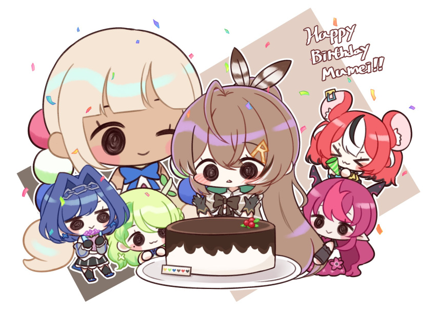 &gt;_&lt; 6+girls :&gt; :3 ahoge antlers bangs berry birthday black_eyes blonde_hair blue_hair bow bow_earrings branch brown_capelet brown_cloak brown_hair cake cape capelet ceres_fauna chibi chocolate_cake cloak confetti earrings english_text feather_hair_ornament feathers food gloves green_hair hair_ornament hairclip hakos_baelz happy_birthday head_chain heart highres holocouncil hololive hololive_english irys_(hololive) jewelry long_hair multicolored_hair multiple_girls nanashi_mumei one_eye_closed ouro_kronii partially_fingerless_gloves party_popper planet_hair_ornament ponytail purple_hair redhead ribbon shirt streaked_hair tsukumo_sana very_long_hair vinca_99 virtual_youtuber white_shirt