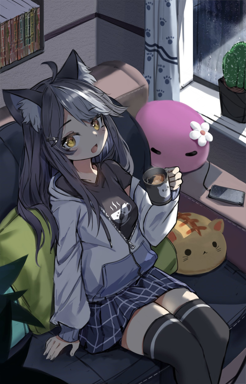 1girl :d absurdres animal_ear_fluff animal_ears black_hair black_shirt black_thighhighs blue_skirt book bookshelf breasts cactus cat_ears cellphone character_request charging_device commission copyright_request couch cup curtains highres hood hood_down hoodie indoors long_hair long_sleeves looking_at_viewer miniskirt mug multicolored_hair open_clothes open_hoodie orobou partially_unzipped paw_print phone pillow plant potted_plant shirt short_sleeves sitting skirt smartphone smile steam stuffed_animal stuffed_cat stuffed_toy thigh-highs two-tone_hair white_hair window yellow_eyes zettai_ryouiki