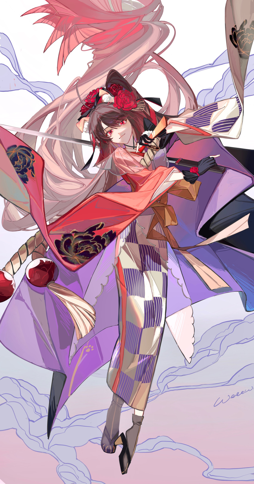 15776199 1girl absurdres ahoge animal_ears bangs black_gloves breasts brown_hair checkered_clothes checkered_kimono dog_ears fate/grand_order fate_(series) flower full_body gloves gradient_hair grey_kimono hair_flower hair_ornament hair_ribbon highres holding holding_sword holding_weapon japanese_clothes katana kimono kyokutei_bakin_(fate) light_smile long_hair looking_at_viewer multicolored_clothes multicolored_hair multicolored_kimono ponytail red_eyes ribbon smile solo sword very_long_hair weapon