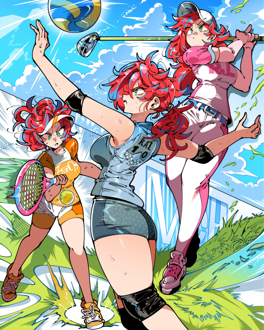 1girl alternate_hairstyle ball baseball_cap blue_hair breasts character_name clothes_writing collage colored_tips commission elbow_pads english_commentary golf golf_club green_eyes hat highres jumping kafun knee_pads long_hair medium_breasts messy_hair multicolored_hair original pants playing_sports ponytail racket ral_wheeler_(mac) redhead second-party_source shoes shorts sneakers solo_focus sportswear sweat tennis tennis_ball tennis_racket tennis_uniform tomboy visor_cap volleyball volleyball_uniform