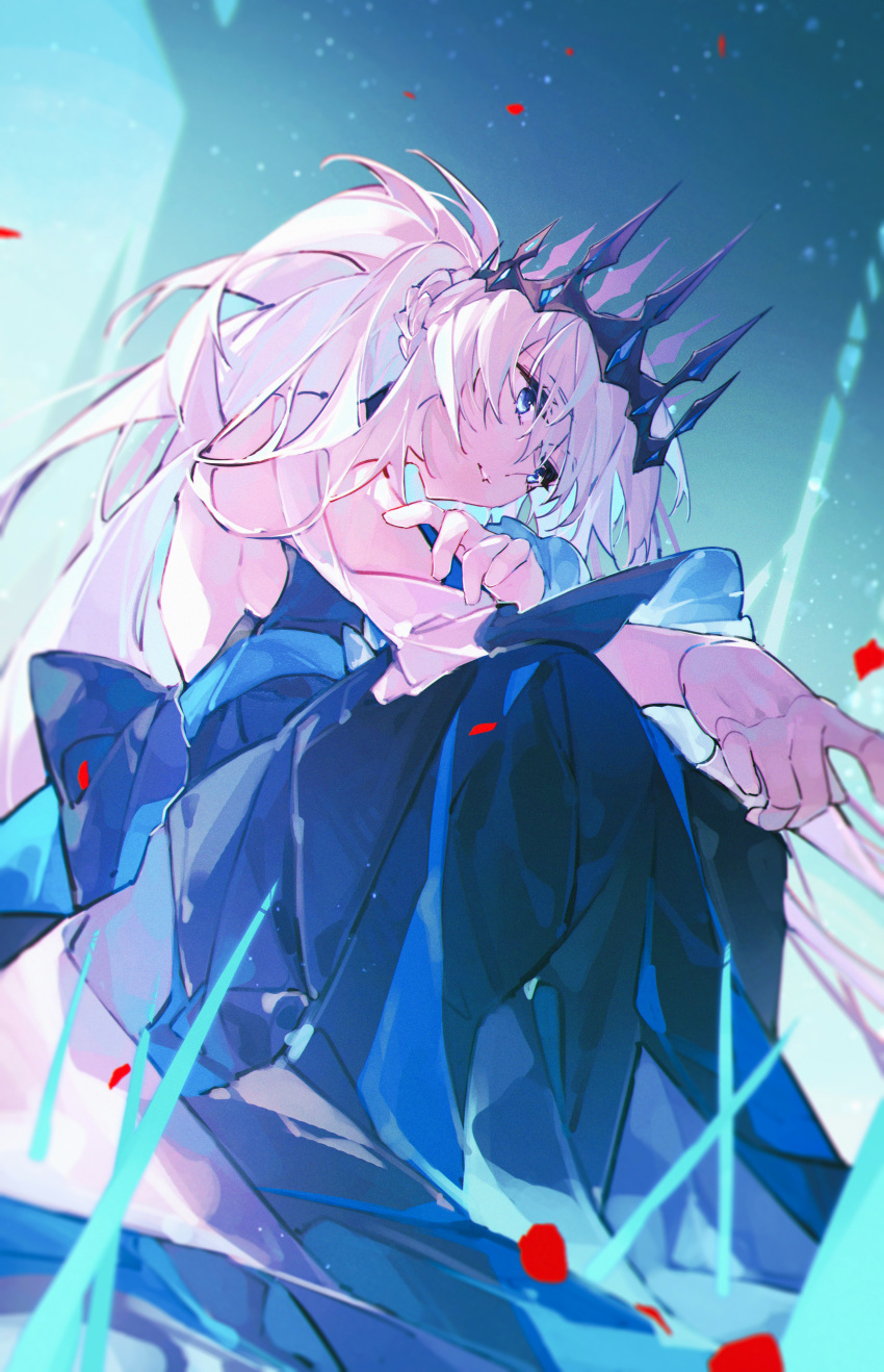 1girl absurdres back_bow blue_dress blue_eyes bow braid breasts crown detached_sleeves dress falling_petals fate/grand_order fate_(series) hair_between_eyes hand_on_own_arm highres long_dress long_hair looking_to_the_side medium_breasts morgan_le_fay_(fate) p_dou_dingding parted_lips petals ponytail sideboob sitting solo white_hair