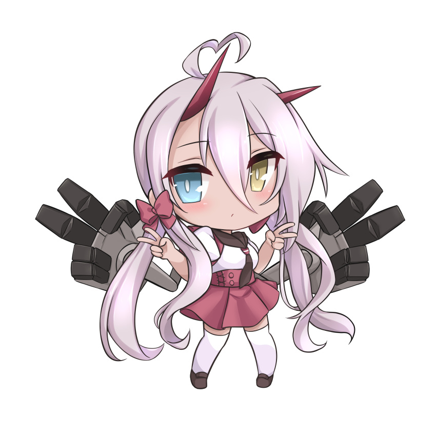 1girl absurdres ahoge azur_lane bangs black_footwear black_necktie blue_eyes blush bow breasts chibi closed_mouth commentary_request dark-skinned_female dark_skin double_v expressionless full_body hair_between_eyes hair_bow heart heart_ahoge heterochromia highres horns indianapolis_(at_school_with_my_sister...)_(azur_lane) indianapolis_(azur_lane) kinomiki_nobori long_hair looking_at_viewer medium_breasts necktie official_alternate_costume pink_hair red_bow red_horns red_skirt school_uniform shirt shoes simple_background skirt solo thigh-highs transparent_background twintails v very_long_hair white_shirt white_thighhighs yellow_eyes
