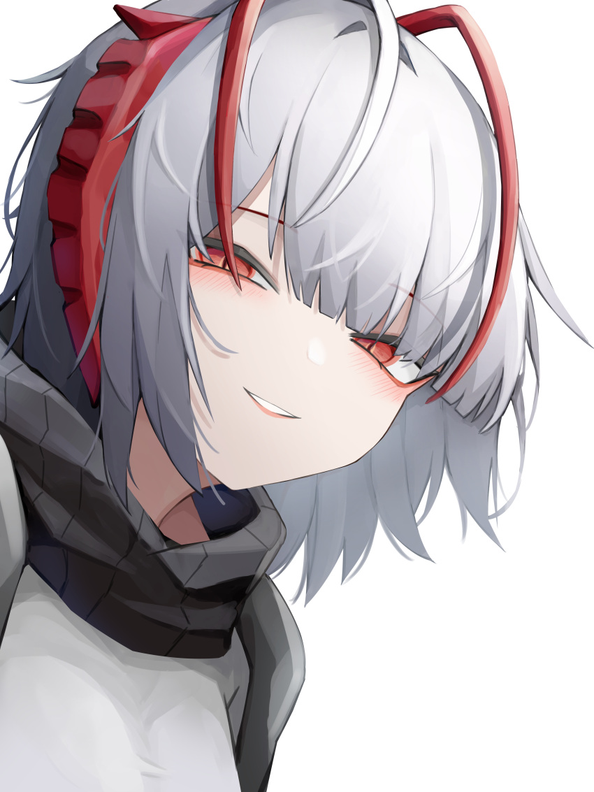 1girl absurdres ahoge antenna_hair antennae arknights black_jacket black_scarf grey_shirt highres horns jacket looking_at_viewer multicolored_hair parted_lips red_eyes redhead scarf shirt short_hair simple_background smile solo upper_body w_(arknights) white_background white_hair yuu_azma