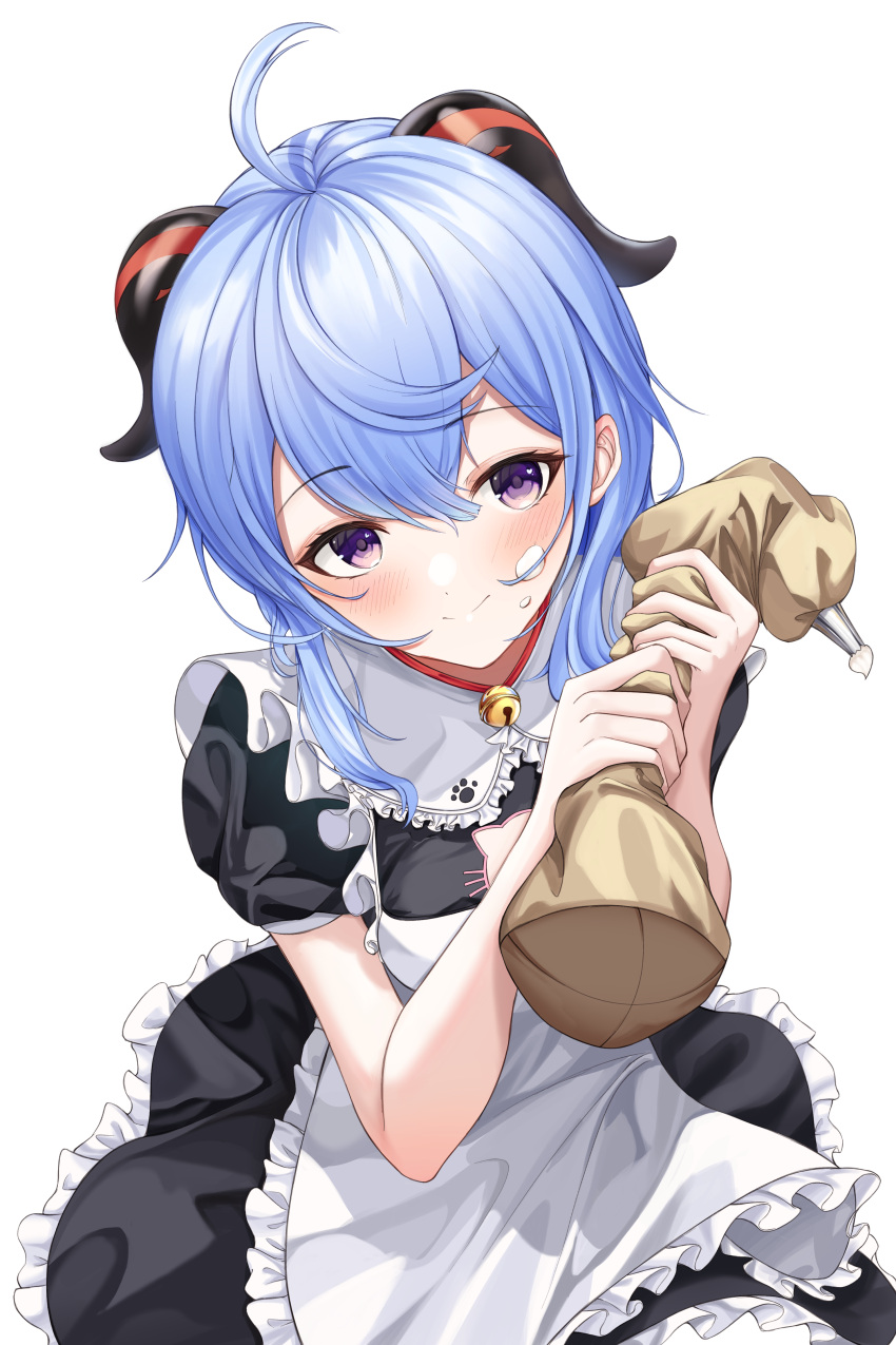 1girl absurdres ahoge alternate_costume apron bangs bell blue_hair blush cream cream_on_face enmaided food food_on_face ganyu_(genshin_impact) genshin_impact highres horns long_hair looking_at_viewer maid maid_apron neck_bell puffy_short_sleeves puffy_sleeves short_sleeves sidelocks smile solo tada_(pixiv41160771) violet_eyes whipped_cream white_background