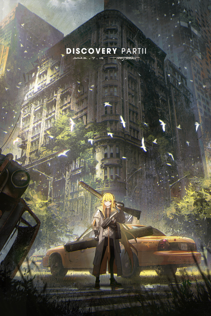1girl artist_name building car city cityscape coat commentary dated english_commentary english_text ford ford_crown_victoria grass ground_vehicle gun highres holding holding_gun holding_weapon long_hair long_sleeves motor_vehicle nerok orange_hair original outdoors ruins scenery signature skyscraper solo standing taxi watermark weapon white_coat wide_shot wreckage