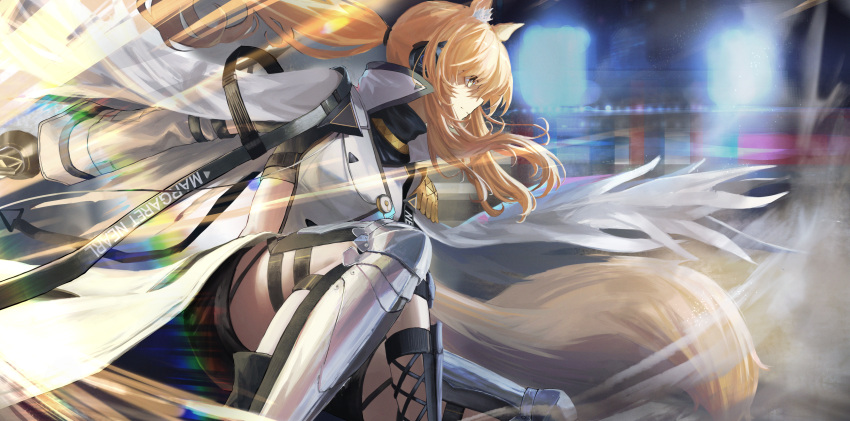 1girl absurdres animal_ear_fluff animal_ears arknights armor backless_outfit bangs black_shirt black_shorts blonde_hair breasts capelet coat detached_sleeves feet_out_of_frame floating_hair greaves highres holding holding_sword holding_weapon koseikogani long_hair looking_afar nearl_(arknights) nearl_the_radiant_knight_(arknights) one_knee outstretched_arm ponytail profile shirt shorts single_detached_sleeve small_breasts solo sword tail turtleneck weapon white_coat yellow_eyes