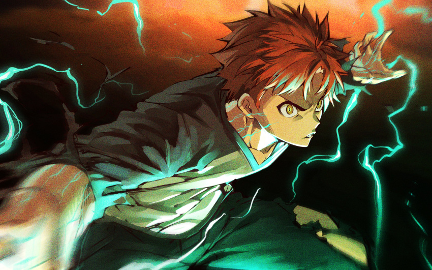 1boy absurdres clenched_teeth emiya_shirou energy fate/stay_night fate_(series) foreshortening glowing_lines highres in_(ain) magic magic_circuit male_focus motion_blur orange_hair teeth yellow_eyes