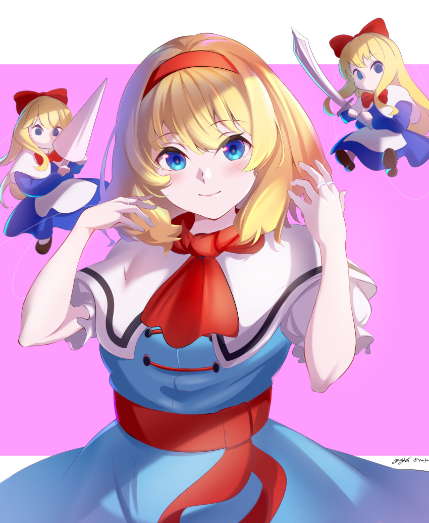 1girl absurdres alice_margatroid apron arms_up artist_name ascot bangs blonde_hair blue_dress blue_eyes blush border bow bowtie breasts brown_footwear capelet closed_mouth commentary_request doll dress eyes_visible_through_hair flying hair_between_eyes hairband hands_up highres holding holding_weapon long_hair long_sleeves looking_at_viewer medium_breasts no_mouth outside_border pantyhose pink_background puffy_long_sleeves puffy_short_sleeves puffy_sleeves red_ascot red_bow red_bowtie red_hairband shanghai_doll shoes short_hair short_sleeves signature simple_background smile solo standing sword touhou weapon white_apron white_border white_capelet white_pantyhose yujin_(kanouyuuto-0423)