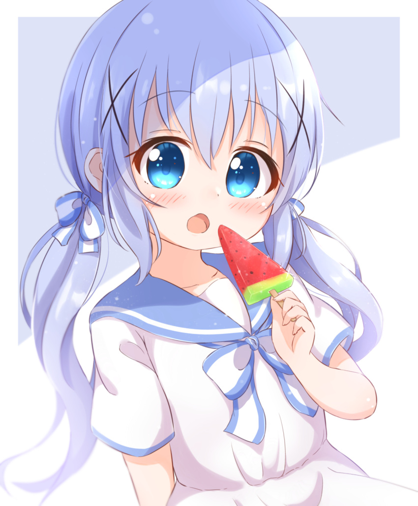 1girl :o araki495 bangs blue_eyes blue_hair blue_sailor_collar blush bow commentary_request dress food gochuumon_wa_usagi_desu_ka? grey_background hair_between_eyes hair_ornament hand_up highres holding holding_food kafuu_chino long_hair looking_at_viewer open_mouth popsicle sailor_collar sailor_dress short_sleeves sidelocks solo twintails two-tone_background very_long_hair watermelon_bar white_background white_bow white_dress x_hair_ornament