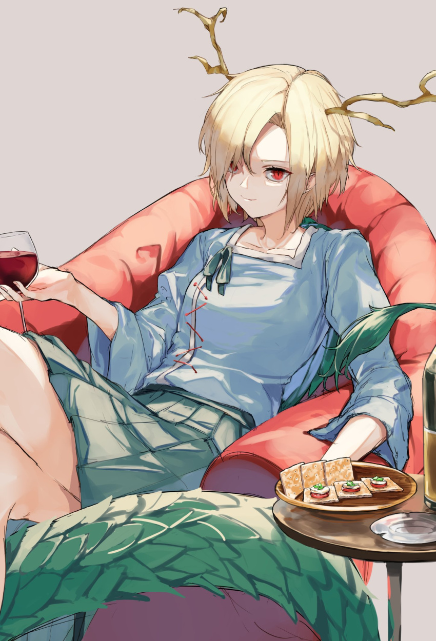 1girl antlers armchair bangs blonde_hair blue_shirt bottle chair closed_mouth collarbone commentary_request cracker crossed_legs cup dragon_tail drink drinking_glass feet_out_of_frame food green_skirt highres holding holding_cup kicchou_yachie long_sleeves looking_at_viewer medium_hair miniskirt parted_bangs plate pleated_skirt pocche-ex red_eyes shirt skirt smile solo tail touhou wine_glass