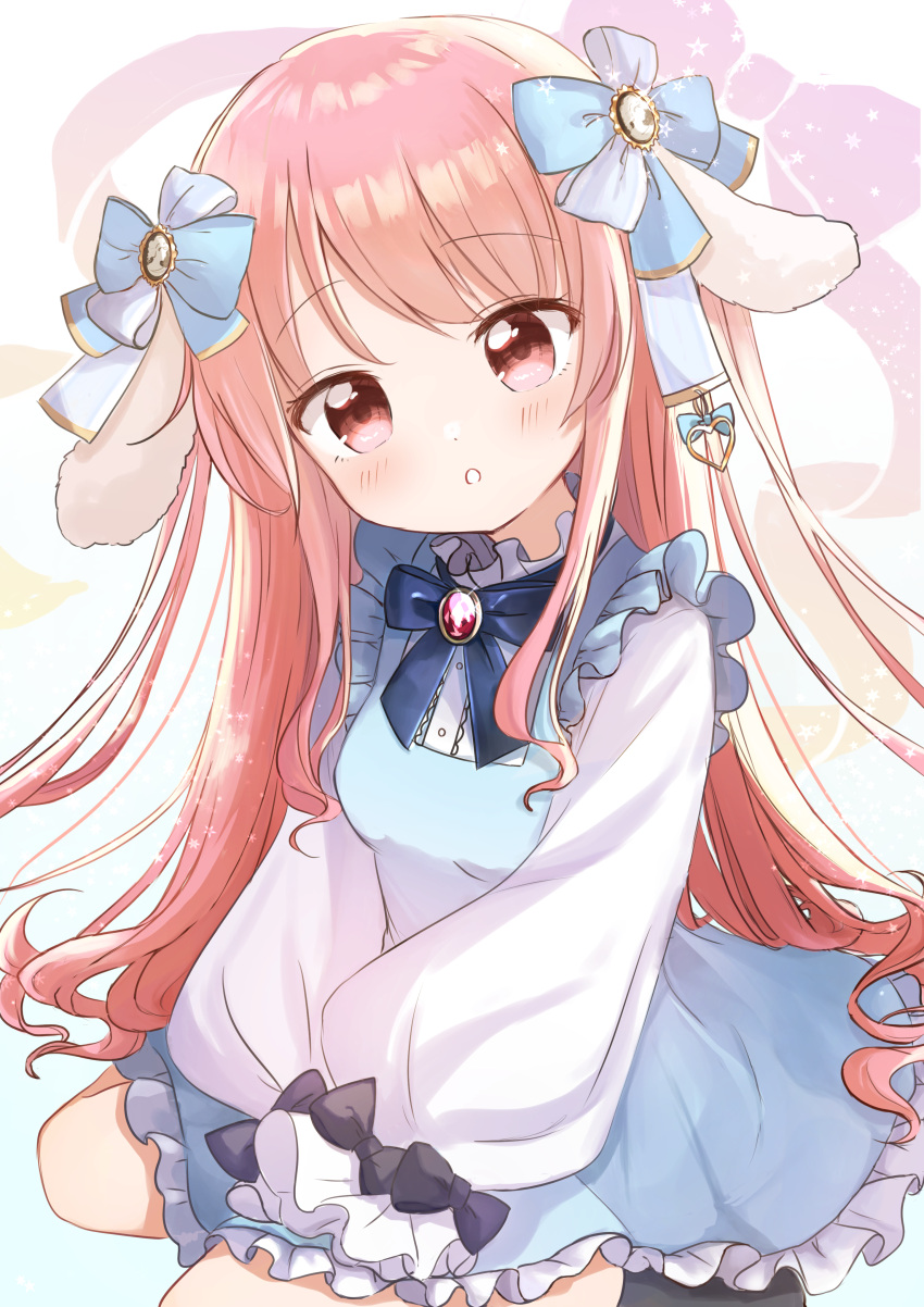 1girl :o absurdres animal_ears bangs black_bow black_bowtie blue_dress blue_ribbon blush bow bowtie brooch buttons center_frills dress english_commentary floppy_ears frilled_dress frilled_shirt frilled_sleeves frills gem glint hair_bow hair_ornament hair_ribbon head_tilt heart highres jewelry long_hair long_sleeves looking_at_viewer original parted_lips pinafore_dress pink_hair puffy_long_sleeves puffy_sleeves rabbit_ears red_eyes ribbon shirt sidelocks sitting sleeveless sleeveless_dress sleeves_past_wrists solo sparkle swept_bangs very_long_hair white_shirt yaminabe_(szhal14)