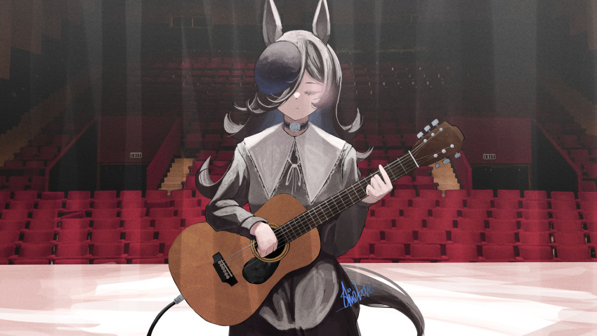 1girl absurdres alternate_costume animal_ears black_dress brown_hair cable choker closed_eyes closed_mouth dress facing_viewer guitar hair_over_one_eye hat highres holding holding_instrument horse_ears horse_girl horse_tail ikanoshiokara indoors instrument long_hair long_sleeves rice_shower_(umamusume) signature stage stage_lights tail theater umamusume
