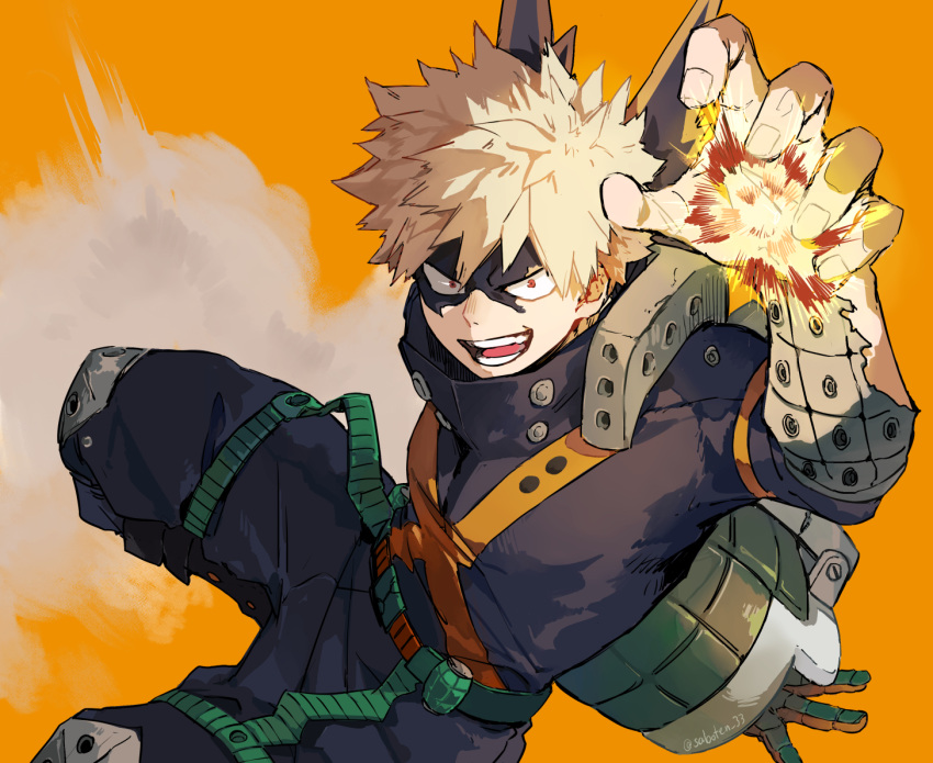 1boy bakugou_katsuki black_pants blonde_hair boku_no_hero_academia explosion explosive eye_mask gloves green_belt green_gloves grenade knee_pads male_focus open_mouth pants red_eyes saboten_33 solo spiky_hair torn_clothes torn_mask twitter_username