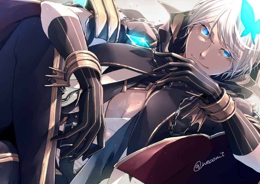 1boy bangs black_gloves black_pants blue_eyes butterfly_hair_ornament chain closed_mouth coat commentary_request feet_out_of_frame gloves grey_coat hair_ornament long_sleeves looking_at_viewer male_focus mit_(necomit) pants ragnarok_online shirt short_hair signature smile solo warlock_(ragnarok_online) white_hair white_shirt
