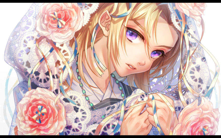 1boy bangs blonde_hair chinese_clothes cloak enki_(juuni_kokuki) eyelashes flower ggggg hair_between_eyes hair_flower hair_ornament hands_up hood hood_up jewelry juuni_kokuki lace_trim letterboxed lips long_hair looking_at_viewer male_focus necklace parted_lips portrait red_flower ribbon simple_background solo veil white_background
