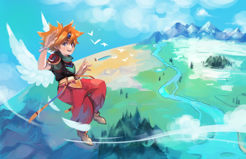 1boy alpaca_carlesi ark_(tenchi_souzou) armor baggy_pants bird brown_footwear clouds day english_commentary flying forest mountain nature orange_hair outdoors pants river short_hair short_sleeves shoulder_armor solo tenchi_souzou wings wristband