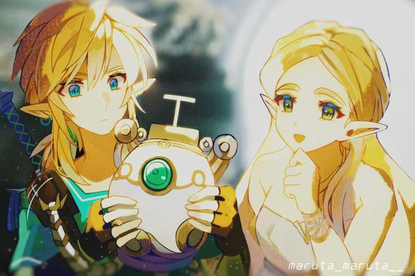 1boy 1girl 1other bangs bare_shoulders blonde_hair blue_eyes bracer breasts dress earrings fingerless_gloves gloves green_eyes green_tunic hair_behind_ear hair_between_eyes hand_to_own_face highres hyrule_warriors:_age_of_calamity jewelry link long_hair low_ponytail maruta_maruta medium_breasts medium_hair open_mouth parted_bangs pointy_ears princess_zelda short_ponytail sidelocks smile strapless strapless_dress sword terrako the_legend_of_zelda the_legend_of_zelda:_breath_of_the_wild thick_eyebrows twitter_username upper_body weapon weapon_on_back white_dress