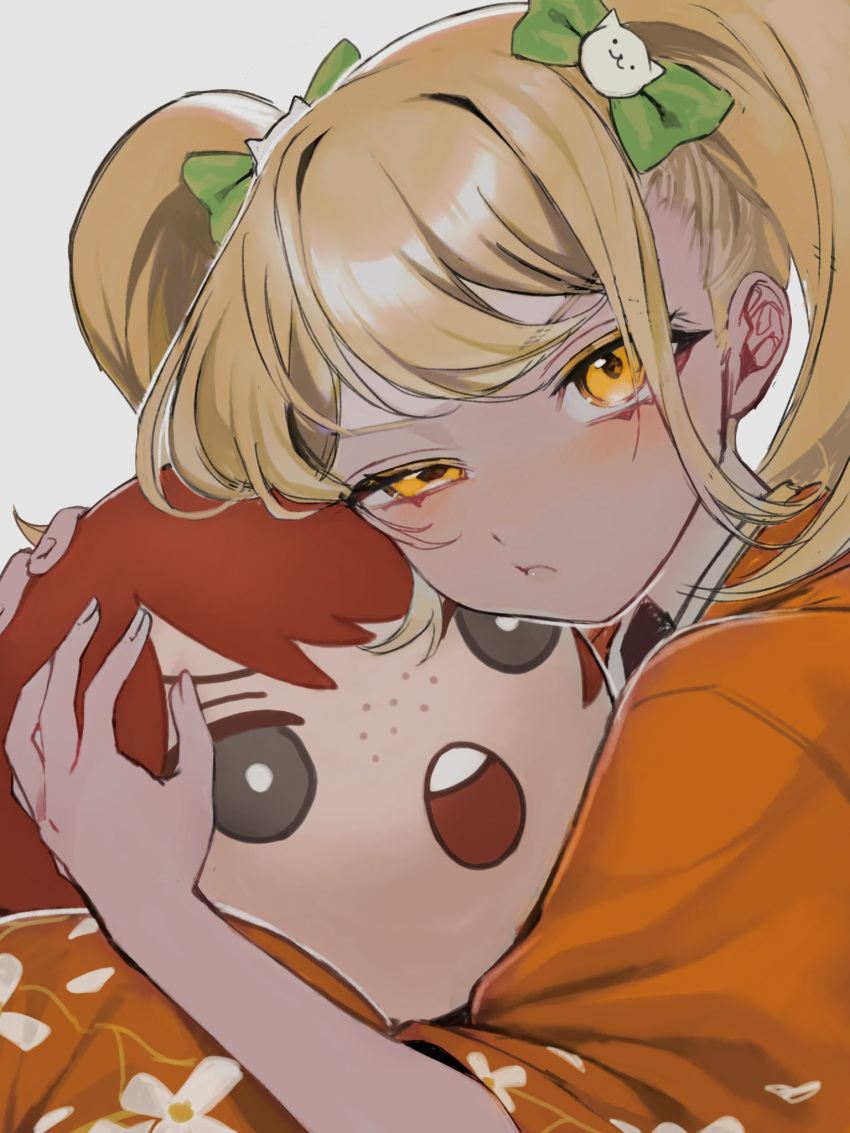 1girl :o bangs blonde_hair blush cat_hair_ornament character_pillow danganronpa_(series) danganronpa_2:_goodbye_despair floral_print freckles frown grey_background hair_ornament highres japanese_clothes kimono koizumi_mahiru long_hair looking_at_viewer niwatori_panda orange_eyes orange_kimono redhead saionji_hiyoko shiny shiny_hair simple_background solo teeth twintails upper_teeth