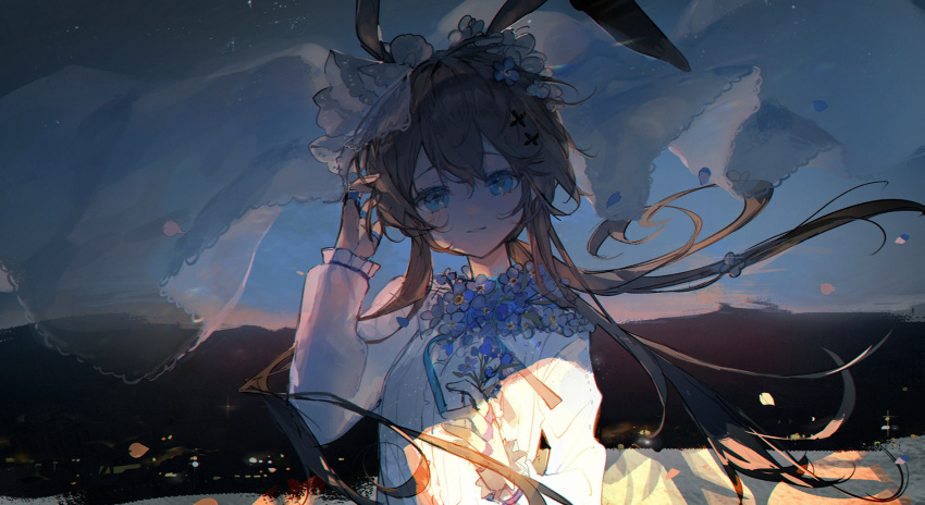 1girl amiya_(arknights) animal_ears arknights arm_up bangs blue_eyes blue_flower blue_sky brown_hair commentary_request floating_hair flower hair_between_eyes hair_flower hair_ornament hand_up highres long_hair nonhaaa outdoors rabbit_ears see-through shirt sky solo sunrise upper_body veil very_long_hair white_shirt x_hair_ornament