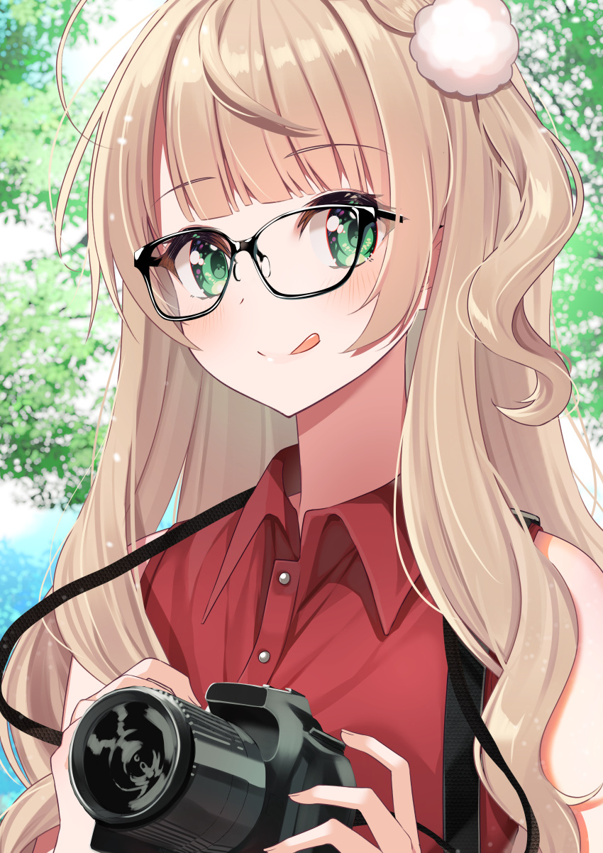 1girl :q absurdres bangs bare_shoulders blonde_hair blunt_bangs blush borumete camera closed_mouth collared_shirt glasses green_eyes hair_ornament highres holding holding_camera indie_virtual_youtuber long_hair looking_at_viewer one_side_up pom_pom_(clothes) pom_pom_hair_ornament red_shirt shigure_ui_(vtuber) shirt sleeveless sleeveless_shirt solo tongue tongue_out upper_body virtual_youtuber