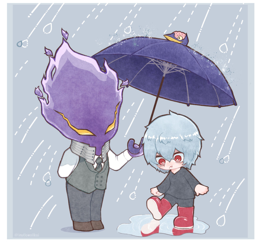 2boys arm_behind_back black_pants black_shirt blue_hair boku_no_hero_academia boots border brown_footwear chibi closed_mouth colored_skin full_body green_necktie green_vest grey_background hair_between_eyes highres holding holding_umbrella inukai_(inuuowoukai) kurogiri_(boku_no_hero_academia) long_sleeves looking_down male_focus mole mole_under_mouth monster_boy multiple_boys necktie noumu_(boku_no_hero_academia) pants pants_tucked_in puddle purple_skin rain red_eyes red_footwear reflection reflective_water scar scar_across_eye scar_on_face shigaraki_tomura shirt short_hair simple_background standing twitter_username umbrella vest water white_border white_shirt