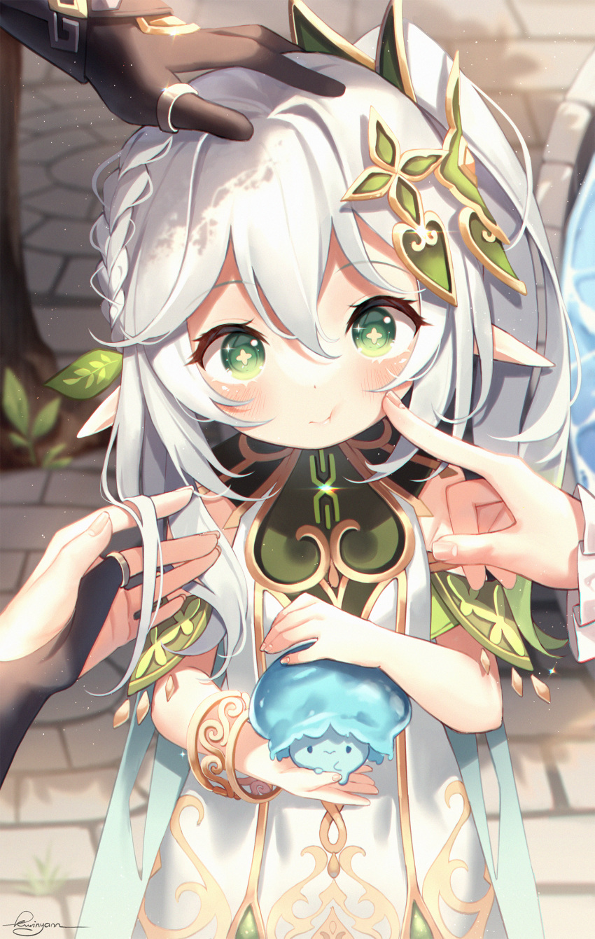 1girl :t absurdres blush braid bridal_gauntlets cheek_poking day dress fungi_(genshin_impact) genshin_impact green_eyes green_hair hair_between_eyes hair_ornament headpat highres holding kuri_(animejpholic) kusanali_(genshin_impact) leaf long_hair looking_at_viewer multicolored_hair nahida_(genshin_impact) out_of_frame outdoors pointy_ears poking pout side_ponytail solo_focus symbol-shaped_pupils two-tone_hair white_dress white_hair