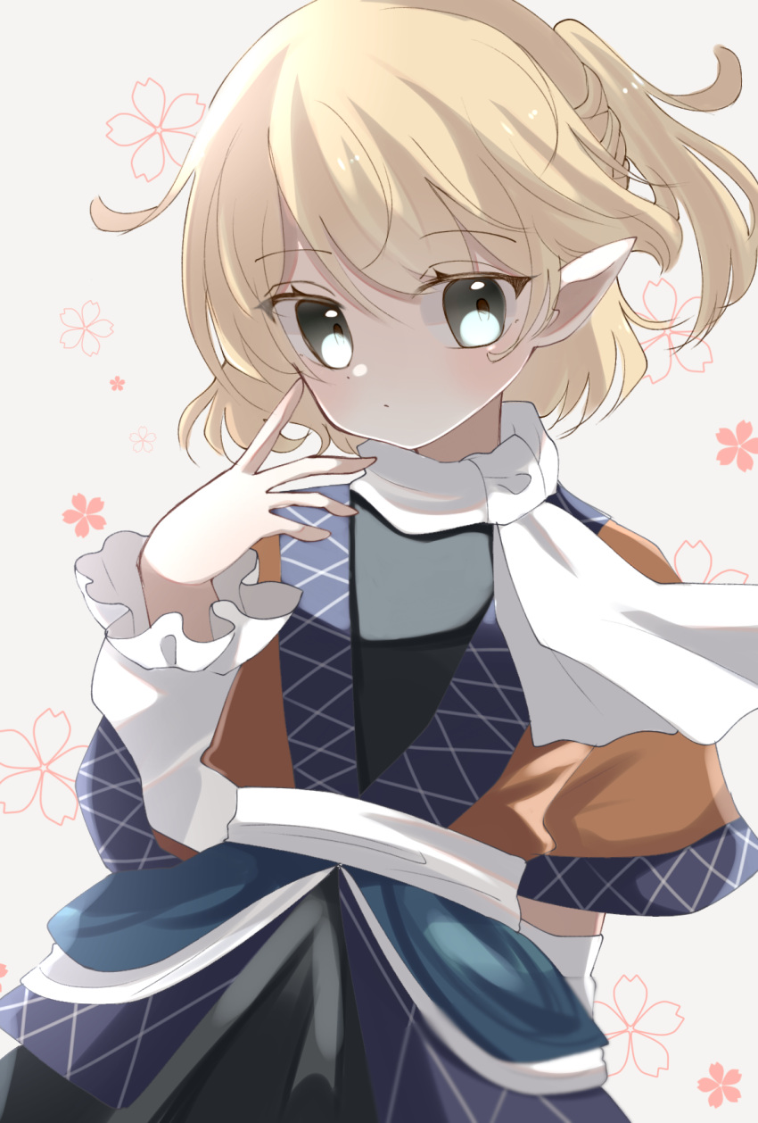 1girl arm_warmers bangs black_shirt blonde_hair blue_shirt blush brown_shirt closed_mouth commentary dot_mouth floral_background green_eyes hand_to_own_face highres layered_shirt looking_at_viewer medium_hair mizuhashi_parsee multicolored_shirt one_side_up pointy_ears sash scarf shirt short_sleeves simple_background solo touhou upper_body white_sash white_scarf wreath_mekko0