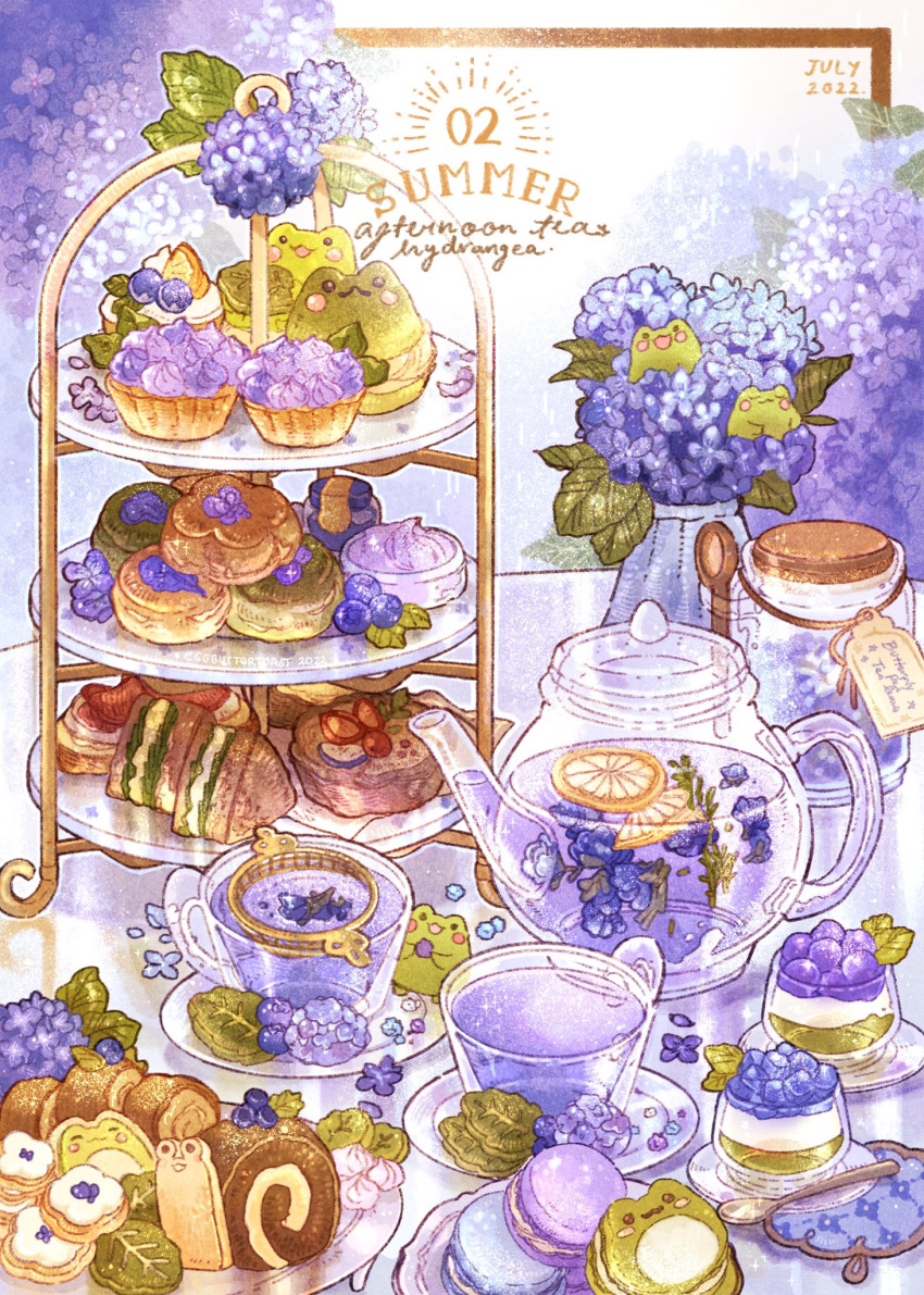 blueberry cake cookie cream cup cupcake english_text flower food food_art food_focus frog fruit glass_teacup glass_teapot highres hydrangea jam jar leaf lemon lemon_slice macaron meringue mousse_(food) nao_(bestrollever) no_humans original plate pudding purple_flower sandwich saucer scone spoon swiss_roll table tart_(food) tea tea_strainer teacup teapot tiered_tray vase