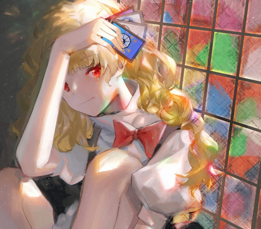 100th_black_market 1girl bangs black_vest blonde_hair bow card closed_mouth commentary_request highres holding holding_card kirisame_marisa knees_up long_hair looking_at_viewer maitenn03 mini-hakkero no_hat no_headwear puffy_short_sleeves puffy_sleeves red_bow red_eyes shirt shirt_bow short_sleeves solo stained_glass touhou turtleneck vest white_shirt window