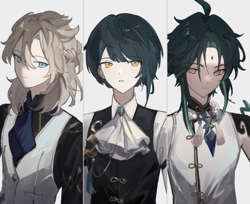 3boys albedo_(genshin_impact) ascot bangs bead_necklace beads black_hair black_vest blue_ascot blue_eyes blue_hair closed_eyes cyenwl facial_mark forehead_mark genshin_impact green_hair grey_background grey_hair highres jewelry looking_at_viewer male_focus multicolored_hair multiple_boys necklace official_alternate_costume orange_eyes parted_lips simple_background tassel vest white_ascot white_vest xiao_(genshin_impact) xingqiu_(genshin_impact)