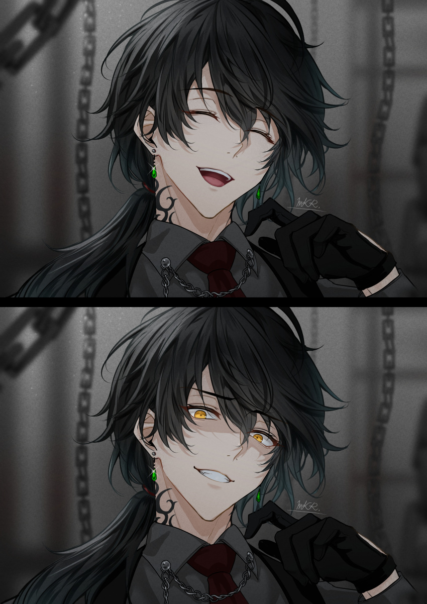 1boy absurdres black_hair chain closed_eyes closed_mouth collared_shirt earrings grey_shirt highres jewelry long_hair looking_at_viewer low_ponytail makura_wet male_focus neck_tattoo necktie open_mouth original red_necktie shirt side_ponytail smile solo tattoo teeth yellow_eyes