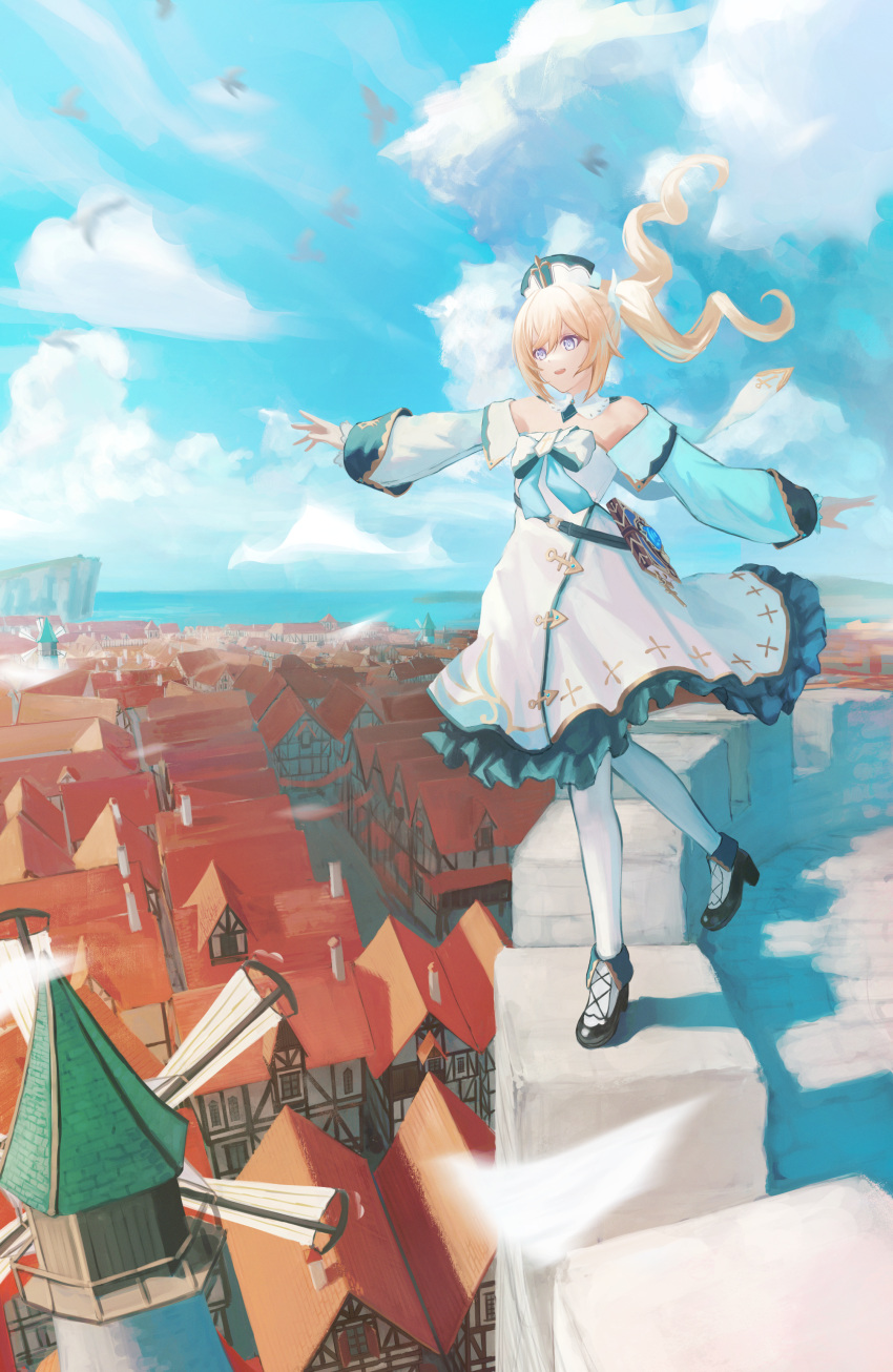 1girl absurdres bangs barbara_(genshin_impact) battlement bird black_footwear blonde_hair book building cliff clouds day detached_collar detached_sleeves dress floating_hair genshin_impact hat high_heels highres horizon koseikogani looking_at_viewer open_mouth outdoors outstretched_arms shirt smile solo spread_arms standing standing_on_one_leg strapless strapless_shirt twintails violet_eyes white_dress wind windmill