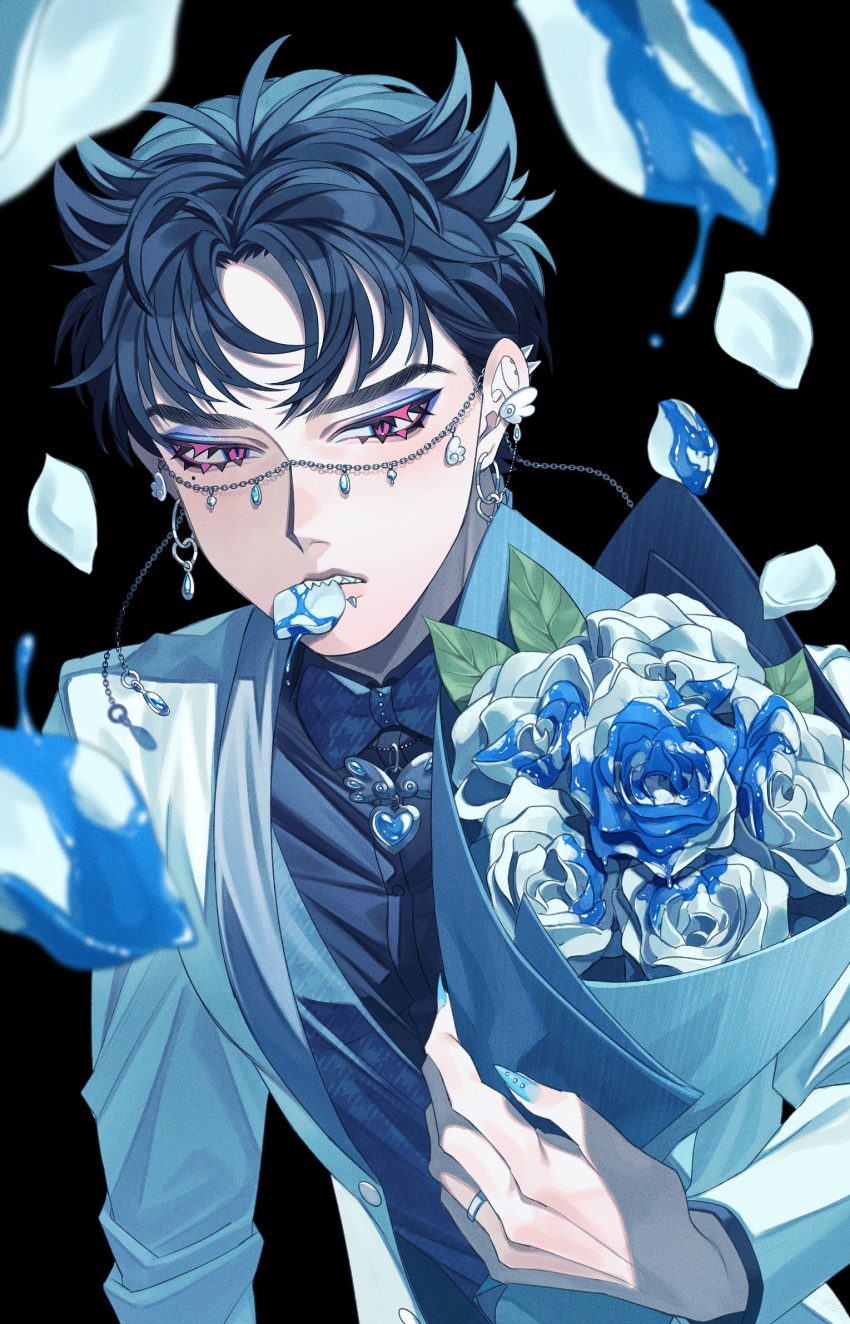 1boy black_background blue_bow blue_bowtie blue_flower blue_hair blue_nails blue_petals blue_rose blue_shirt bouquet bow bowtie collared_shirt colored_eyelashes ear_piercing earrings fingernails flower formal hand_up highres holding holding_bouquet hoop_earrings jewelry kamonekm long_sleeves looking_at_viewer male_focus mouth_hold open_clothes original petals piercing pink_eyes rose sharp_fingernails sharp_teeth shirt short_hair slit_pupils solo suit suit_jacket teeth upper_body white_suit