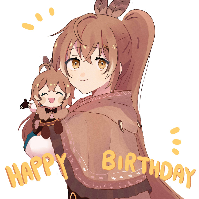 1girl ahoge bangs birthday brown_capelet brown_cloak brown_corset brown_eyes brown_hair capelet cloak corset english_text feather_hair_ornament feathers hair_ornament hairclip happy_birthday hieroglyphics highres hololive hololive_english long_hair mogufuuri multicolored_hair multiple_persona nanashi_mumei ponytail shirt smol_mumei streaked_hair very_long_hair virtual_youtuber white_shirt