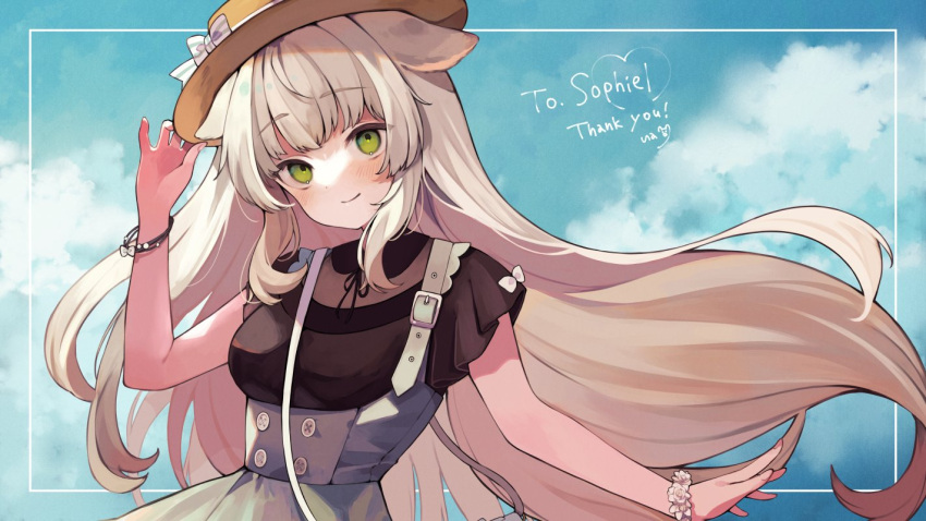 alpaca_ears alpaca_girl animal_ears bangs bracelet breasts buttons closed_mouth collared_dress commission double-breasted dress green_eyes hat hat_ribbon indie_virtual_youtuber jewelry long_hair looking_at_viewer medium_breasts ribbon skeb_commission smile sophiel_paka thank_you una_nagi virtual_youtuber