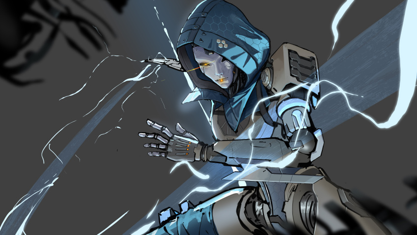 1girl absurdres android apex_legends ash_(titanfall_2) black_sclera colored_sclera electricity glowing glowing_eye grey_background highres hood hood_up nn312 orange_eyes science_fiction simulacrum_(titanfall) solo sword weapon