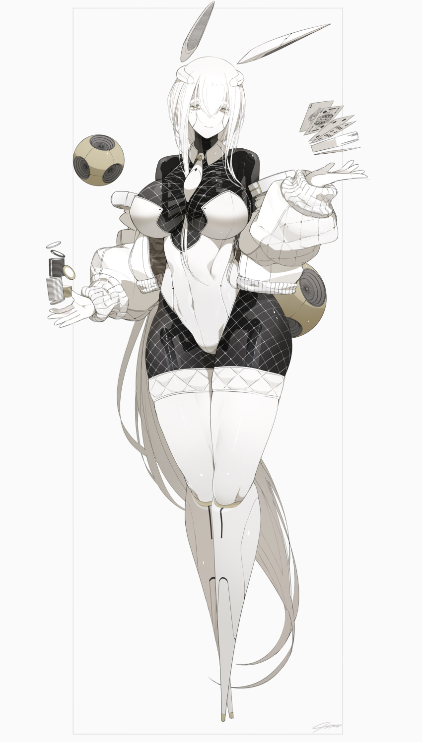 android animal_ears black_horns black_skin card colored_skin deck_of_cards eurica_(ub1mo) fake_animal_ears highres horns joints leotard looking_at_viewer mechanical_arms multicolored_skin no_feet original playboy_bunny poker_chip rabbit_ears robot_joints skeleton smile solo strapless strapless_leotard translucent_skin two-tone_skin ub1mo white_skin