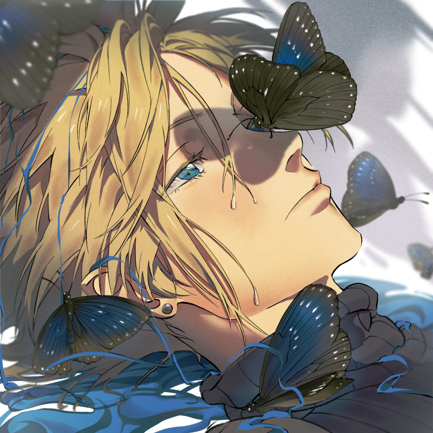 1boy absurdres blonde_hair blue_butterfly blue_eyes blue_shirt bug butterfly butterfly_on_nose close-up cloud_strife earrings etaa89 final_fantasy final_fantasy_vii final_fantasy_vii_remake hair_between_eyes highres jewelry male_focus partially_submerged shirt short_hair single_earring solo spiky_hair turtleneck wet wet_hair