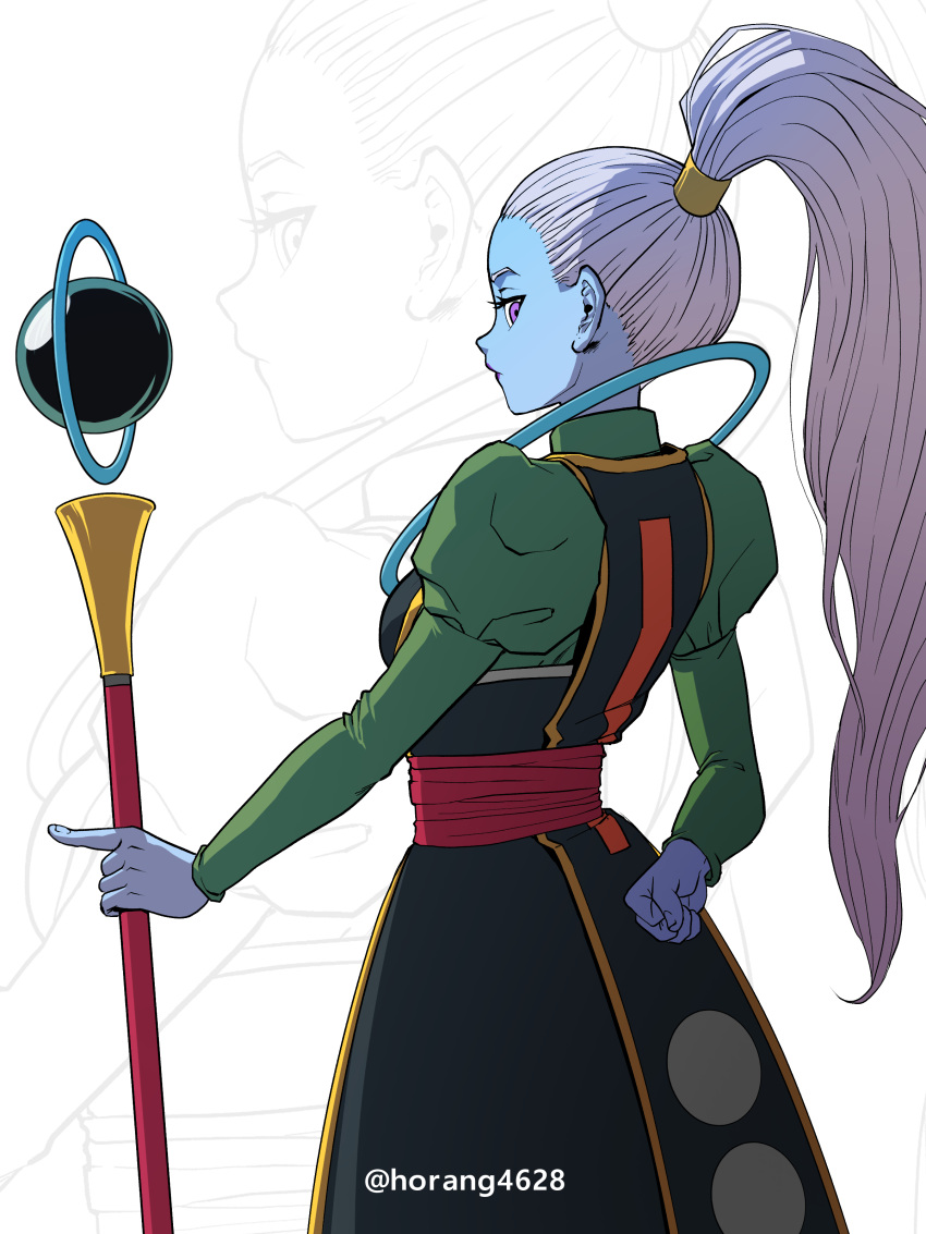 1girl absurdres arm_behind_back blue_skin colored_skin dragon_ball dragon_ball_super dress from_behind highres holding holding_staff horang4628 long_hair long_sleeves looking_back ponytail puffy_sleeves red_sash sash solo staff twitter_username vados_(dragon_ball) violet_eyes white_hair